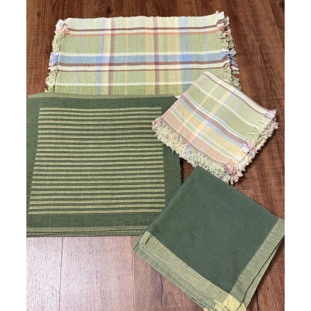 Set of 6 Cloth Placemats & Napkins X 2 Autumn Pastel Plaid And Green